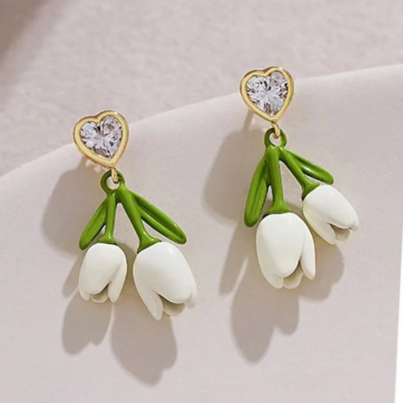Green Flower Stud Earrings Crystal Dangle Earrings for Women Cute Zircon Flower Clip Light Luxury Casual Party Jewelry Gifts