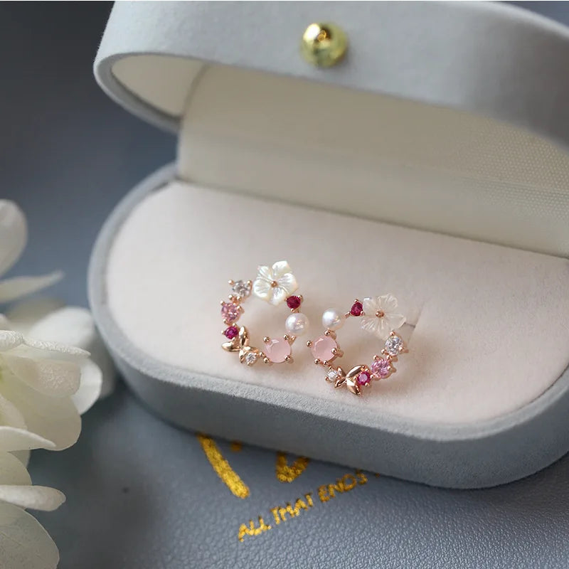 Hollow Y2k Pink Crystal Flower Pearl Ear Studs Summer New Arrival  Korean Fashion Luxury Hoop Earrings For Women Jewelry Gift